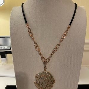 Rose Gold Floral Cutout Pendant Necklace with Black Cord